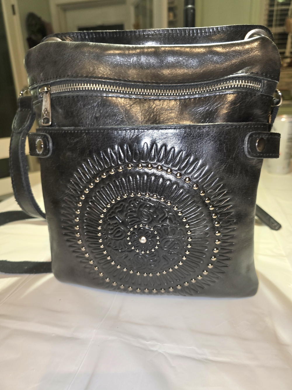 Patricia Nash Black Embossed Leather Crossbody with Studded Medallion - Picture 2 of 6